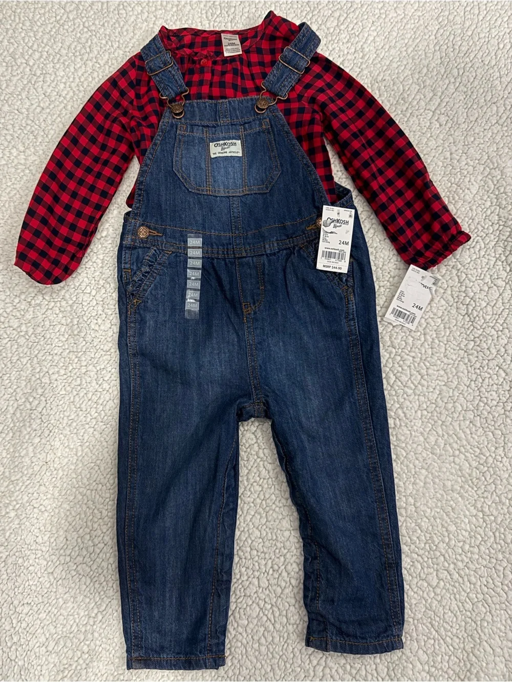 Oshkosh B’Gosh Red Plaid Lined Overalls & Buffalo Shirt Outfit. Brand New!